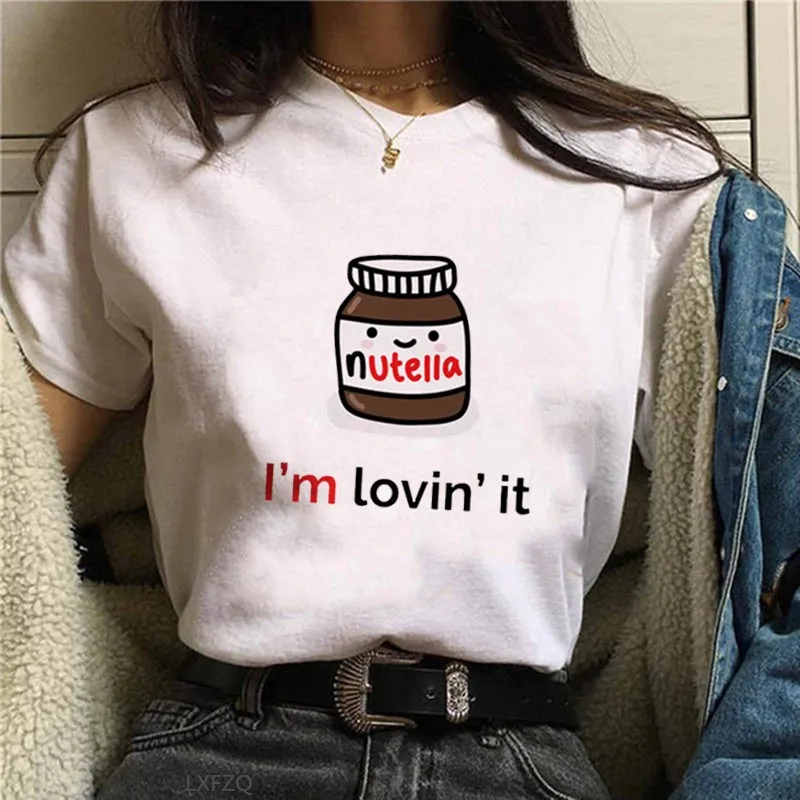 T-Shirt z nadrukiem nutelli kobiety z lat 90. Harajuku Kawaii Fashion T-Shirt z grafiką słodkie koszulka kreskówka koreańskie stylowy Top koszulki