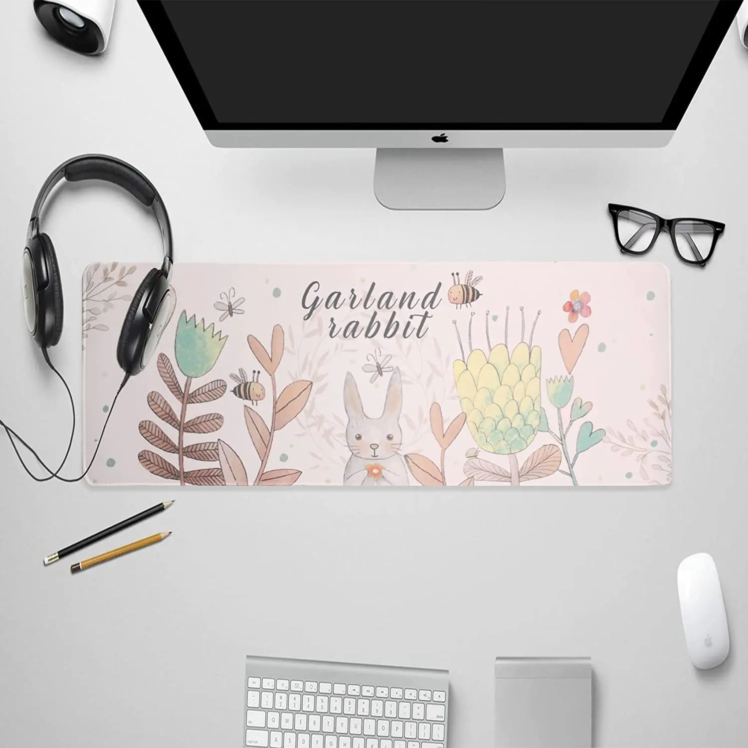 Tappetino per Mouse MatLarge da scrivania 35.4x15.7x0.12 in tappetino per Mouse da gioco esteso con Base antiscivolo cucita Eges Flower Rabbit