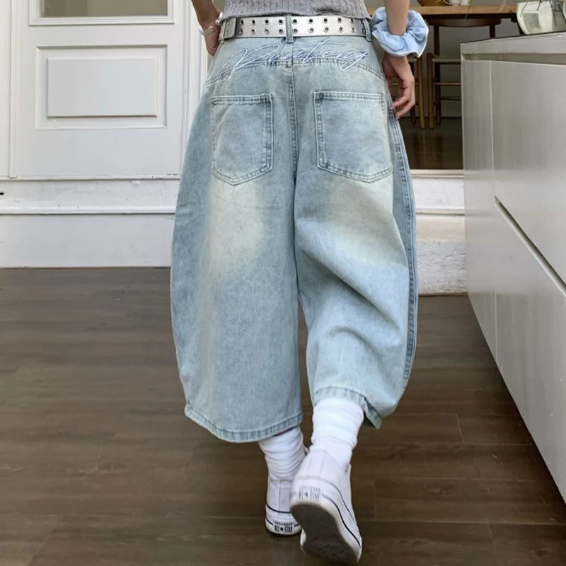 

2025 Summer Sexy Vintage Style Harajuku Blue Jeans Women's Y2K Punk Street Baggy Denim Trouser Casual Mop Calf Length Pants