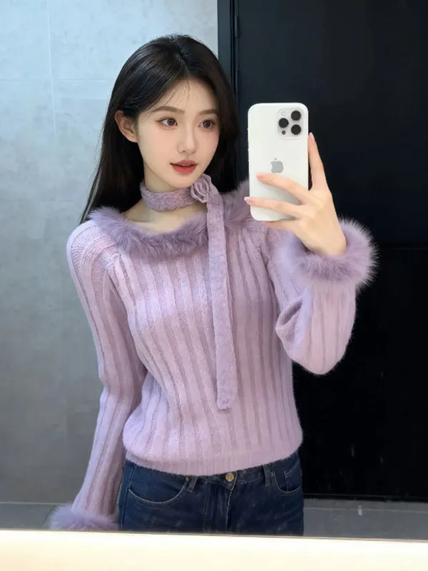 

Slimming Thiened Warm Purple Sweater Sli Unique Beautiful Korean Sle Long Sve round Ne Color Winter Faion