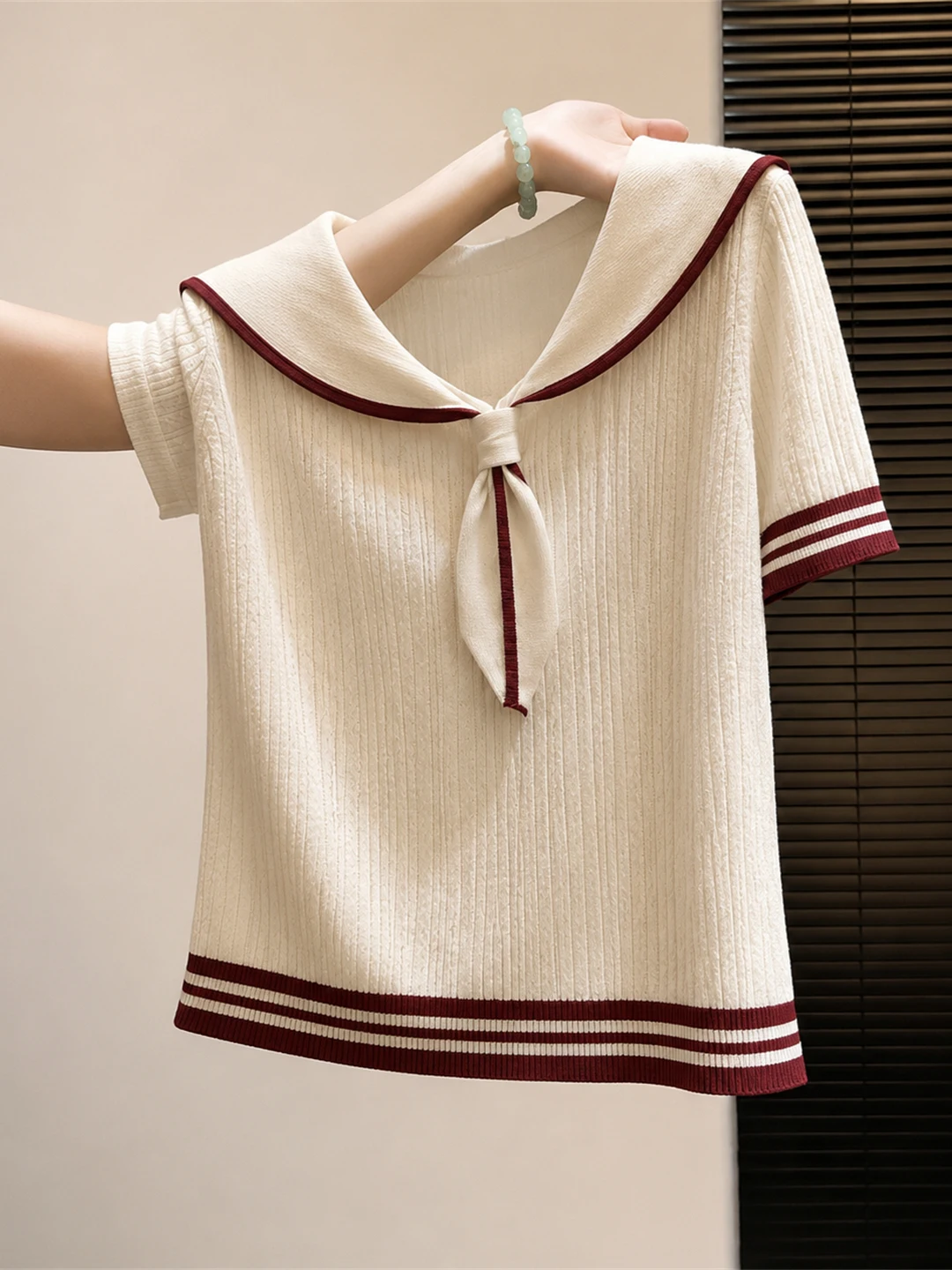 

Retro Contrast Color Ice Silk Navy Collar Knitted Sweater Comfortable Slimming Summer Top Korean Style Commute Fashion