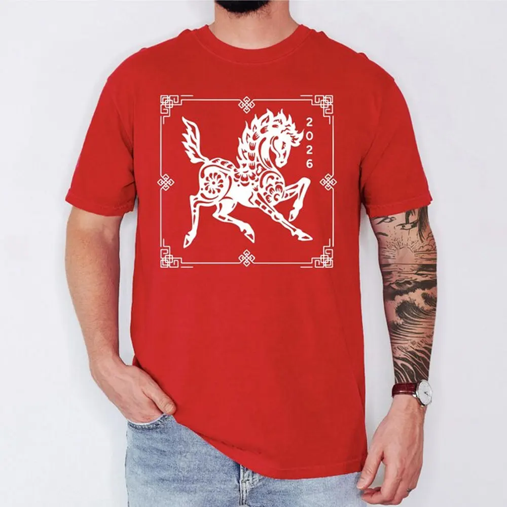 Horse 2026 Shirt Chinese New Year Horse Shirt, Lunar Spring Festival Print T-shirts Happy New Year Cotton Tee Graphic T Shirts