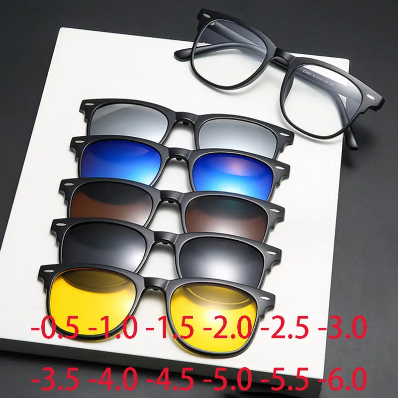 

2346 New Retro Set Of Sunglasses Men Square Magnetic Clip Sun Glasses TR Miding Frame Prescriptio -0.5 -1.0 -2 to -6