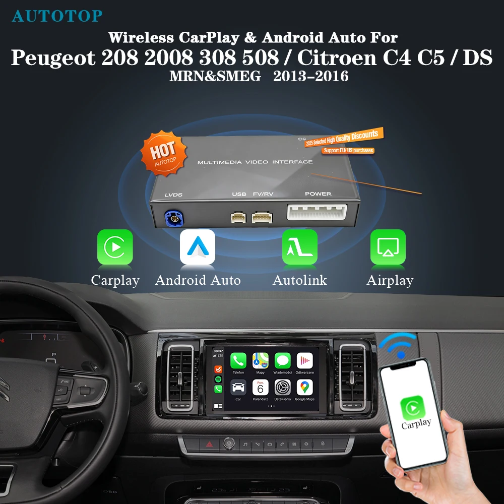 AUTOTOP sans fil Carplay Android Auto pour Peugeot citroën DS C4 C5 DS4 DS3 DS5 308 508 5008 3008 MRN SMEG accessoire multimédia
