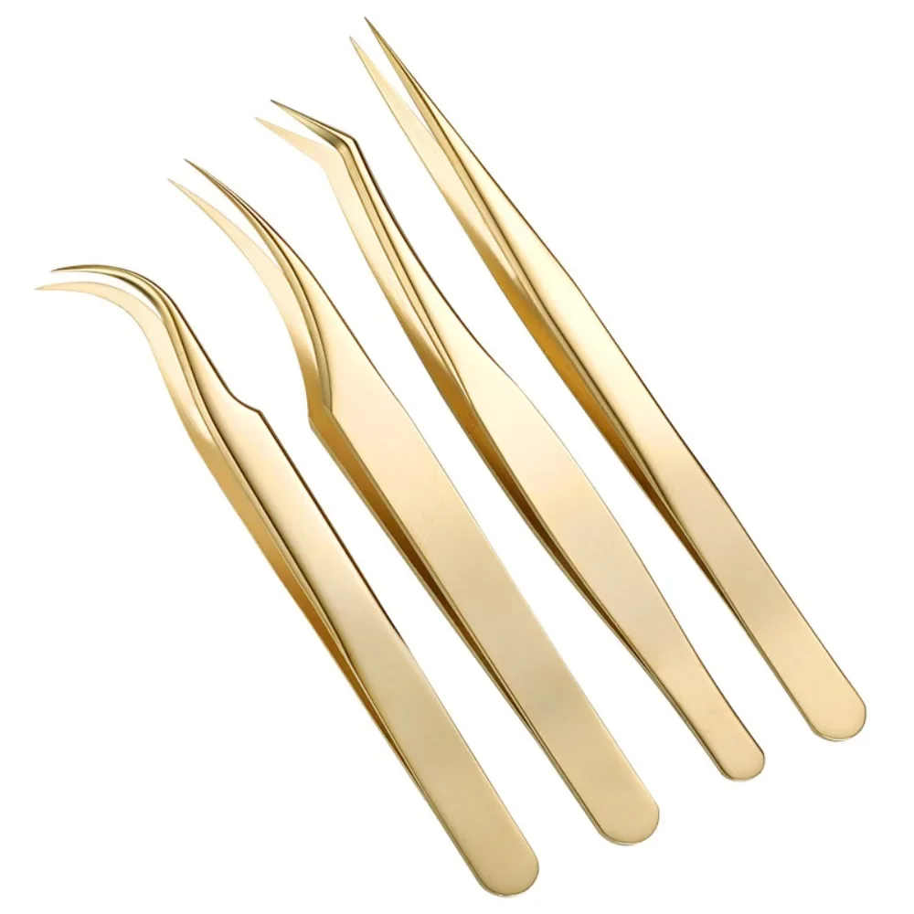 Neue Edelstahl-Pinzette zur Wimpernverlängerung, rutschfeste Goldpinzette mit gebogener Spitze, gerade Pinzette, Make-up-Zubehör