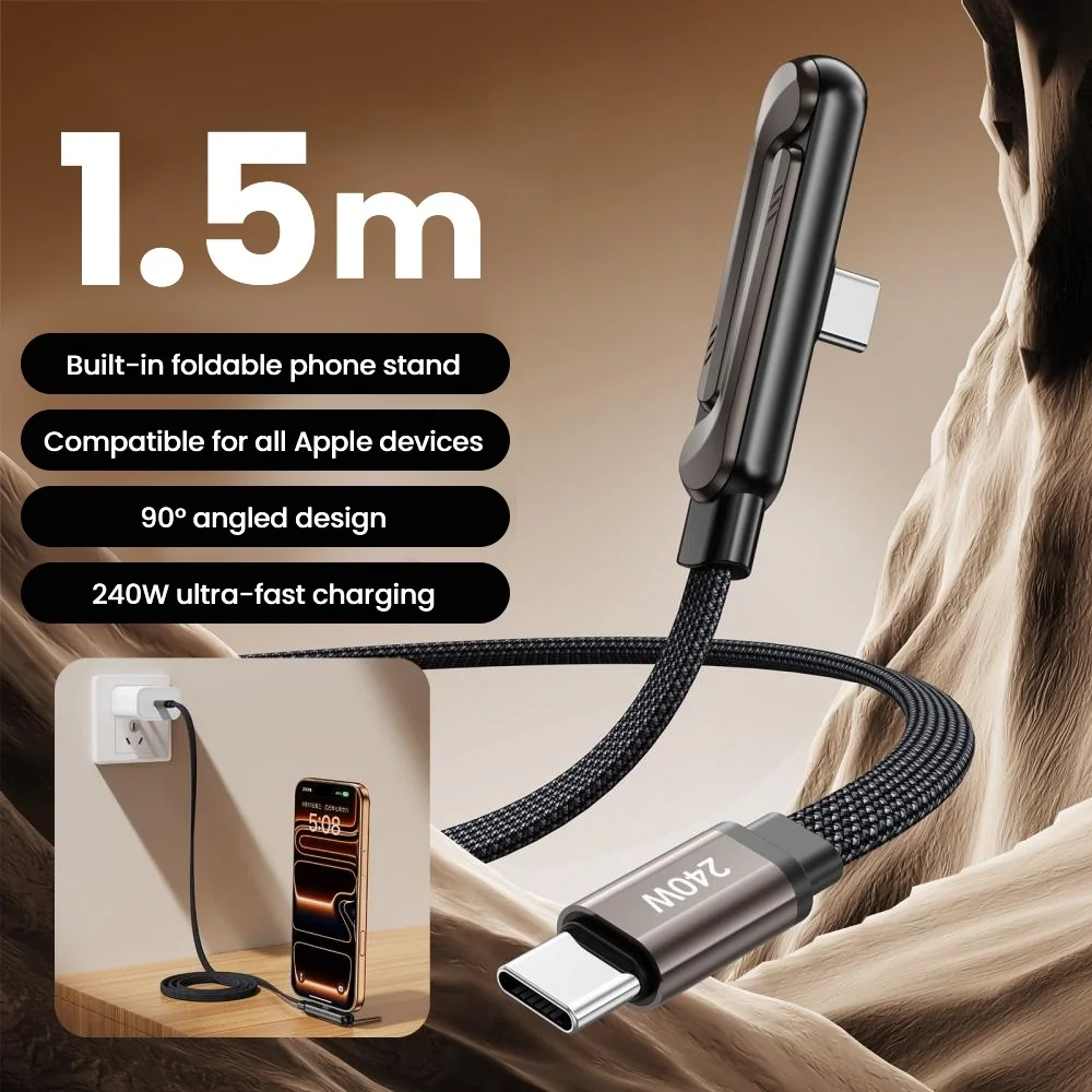 240W 2 in 1 USB C to USB C Fast Charging Foldable Bracket Data Cable Type C Desktop Holder Charging Wire For Iphone17 16 Samsung