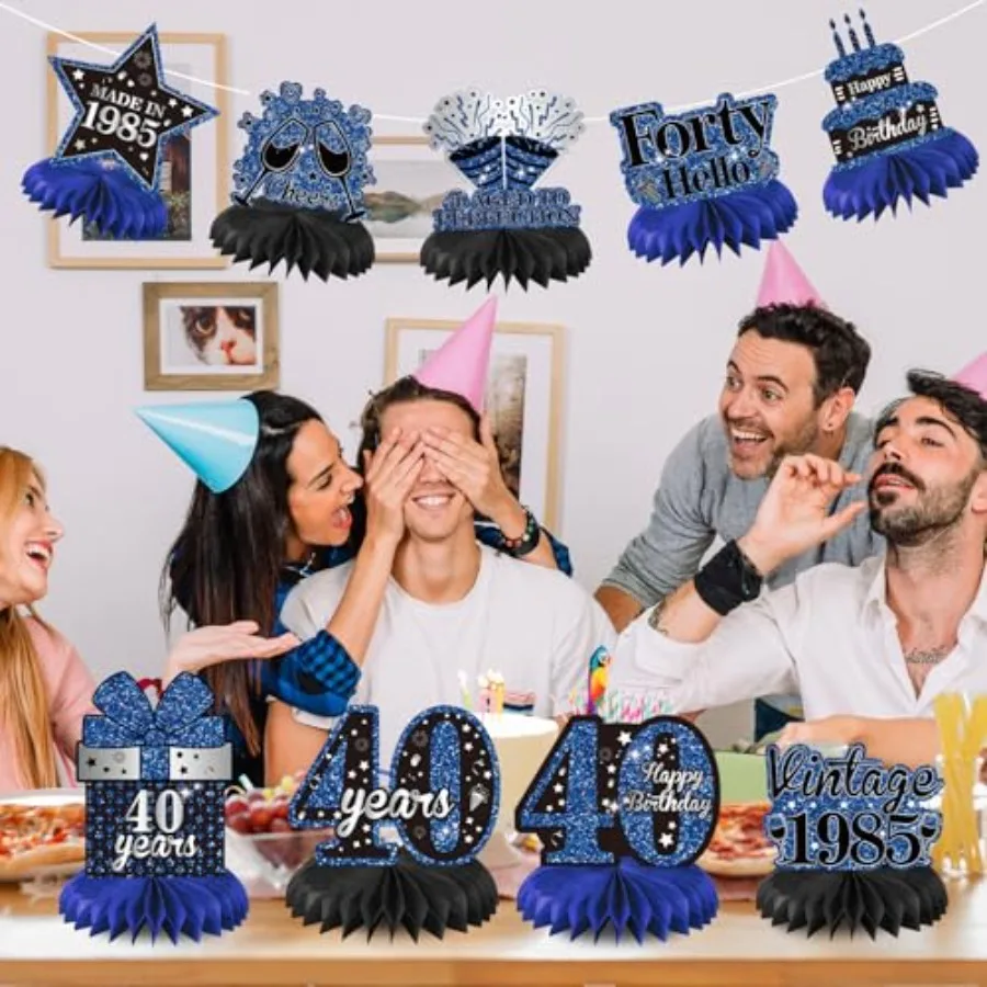 9개 블루 블랙 40번째 생일 장식 빈티지 40번째 생일 허니콤 센터피스 블루 블랙 해피 40번째 생일 테이블 장식