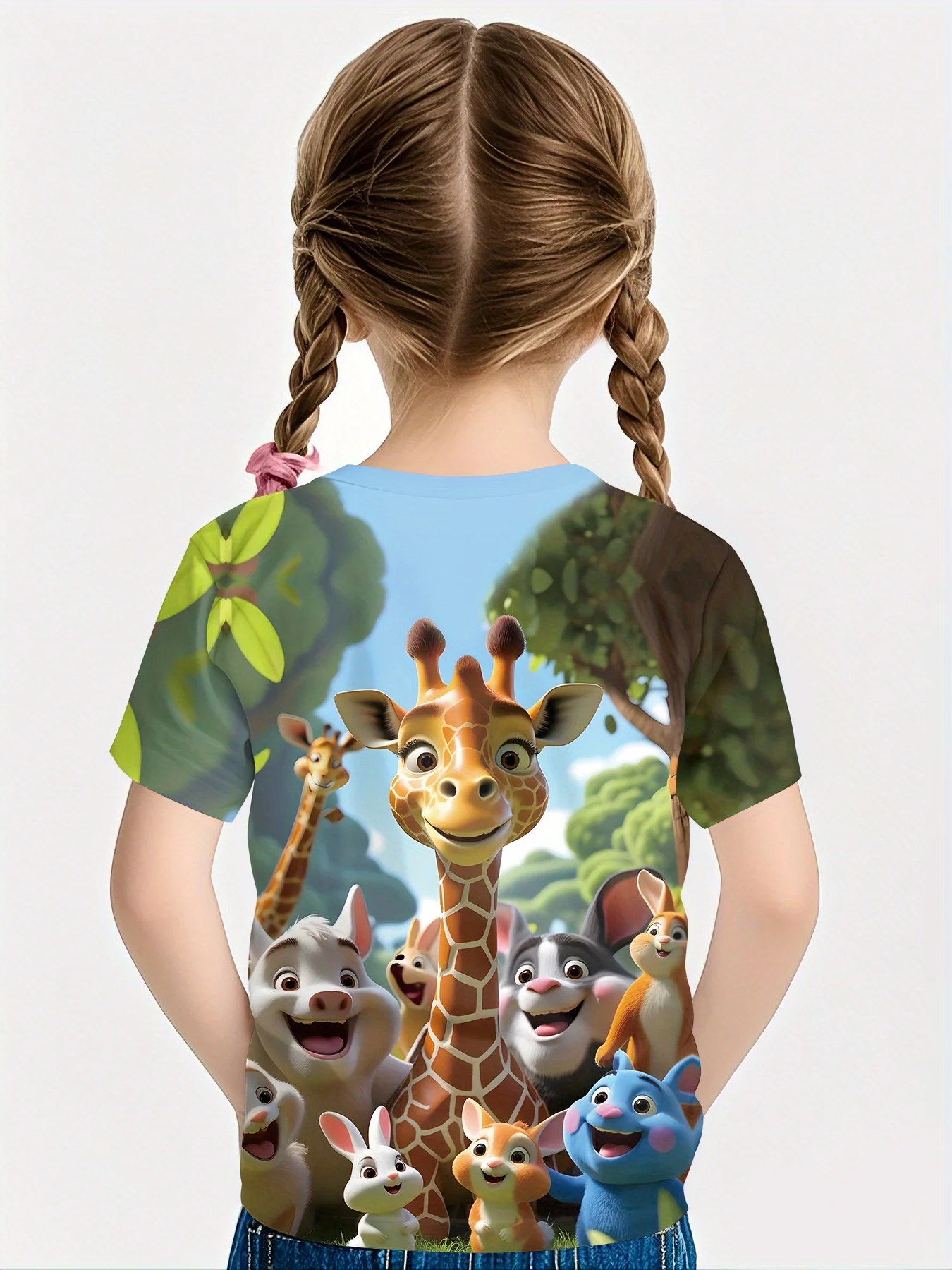 Kids Crew Neck T-Shirt, All Over Forest Animal 3D Print, Cute Giraffe Friends Girls Fashion Short Sleeve Tee