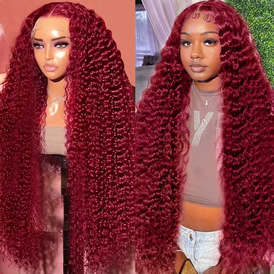 

28 30 Inch 99J Burgundy Lace Frontal Wigs 13x4 Wine Red Curly Human Hair Wigs Remy Colored Deep Wave 220% Full Lace Frontal Wigs