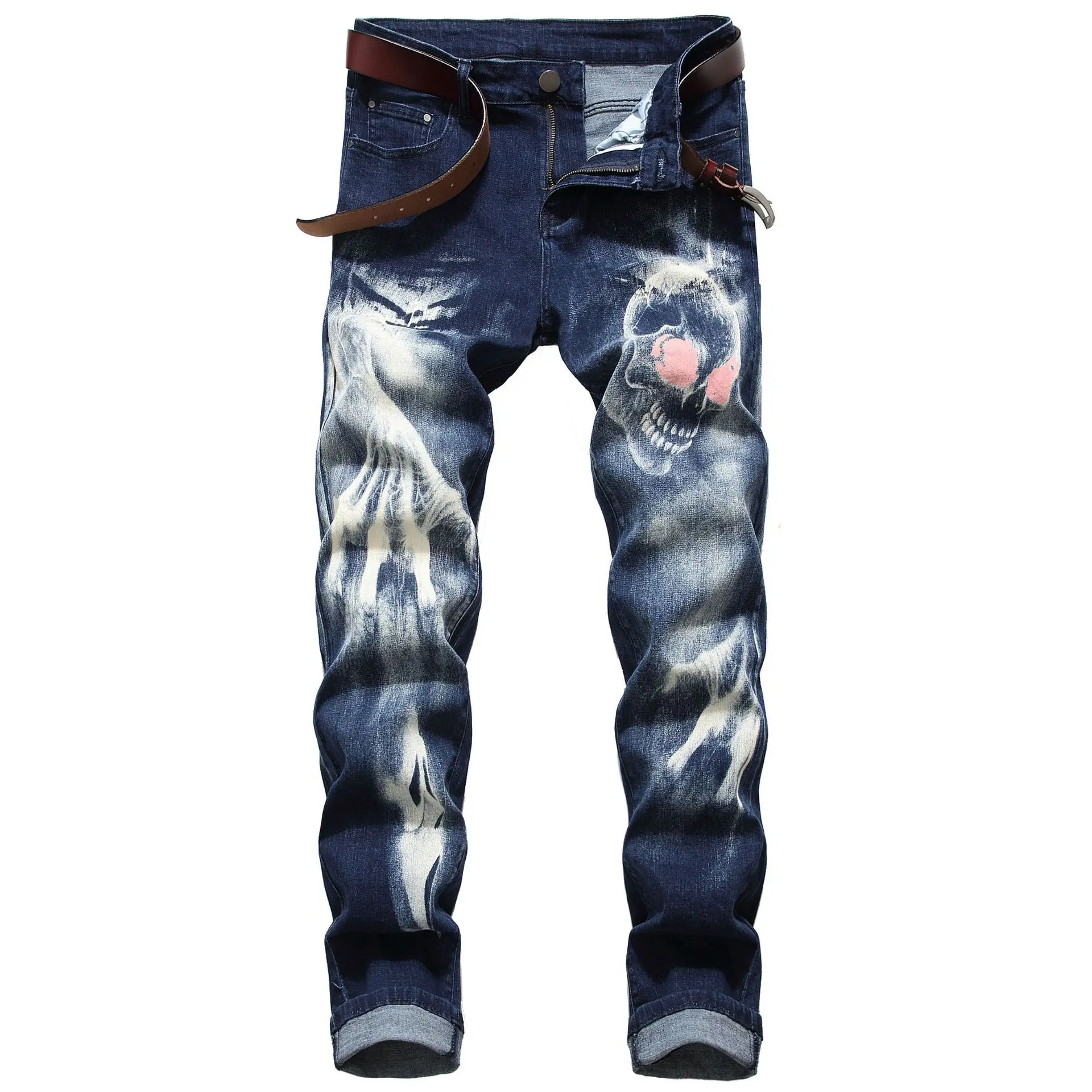 2026 Men's Blue 3D Printing Jeans, Black Wolf Pattern Printed Punk