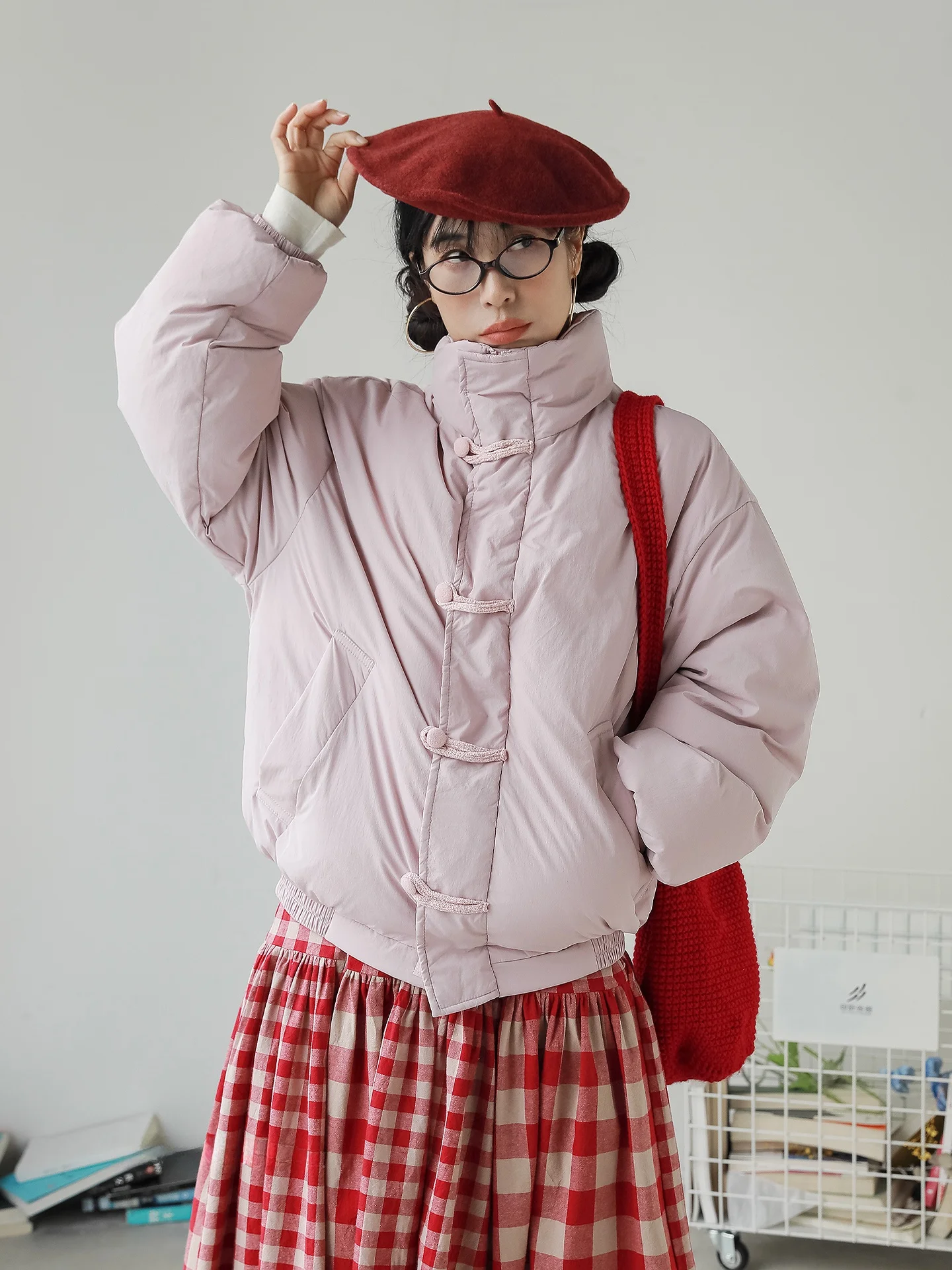 

Pink High Collar down Jaet Women's Winter New Artistic Japanese Sle Stand Collar Padded Coat Warmth Fluffy Nylon Fabric