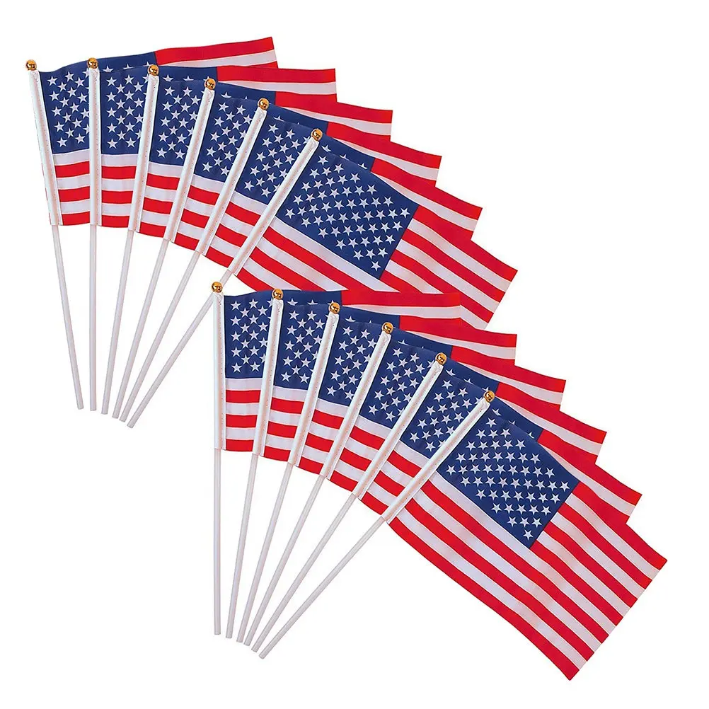 12Pcs Mini Polyester Usa Flags Hand Waving Flags with Gold Top Perfect for Independence Day National Patriotic