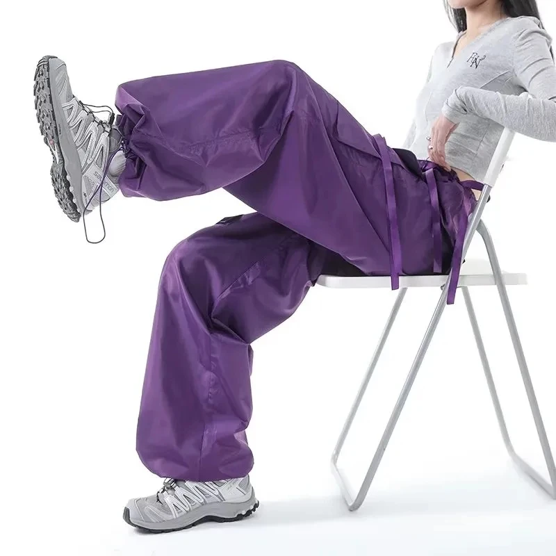 Hip Hop Streamer Purple Y2k Baggy Cargo Pants Women High Streetwear Vintage Trousers High-Waist Pockets Bunched Leg StreetPants