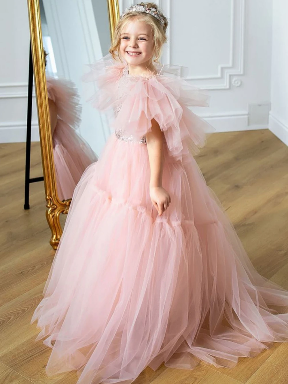 Robe trapèze longue bouffante en tulle rose pour filles, robe de princesse personnalisée pour enfants, fête d'anniversaire, robe de banquet de mariage élégante, quelle que soit