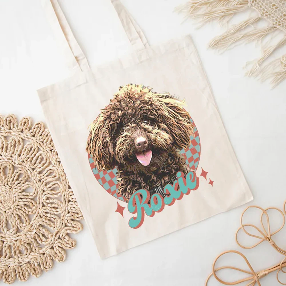 

Canvas Tote Bag Custom Pet Photo Name Print Retro Vintage Design Reusable Shopping Bag For Pet Lovers