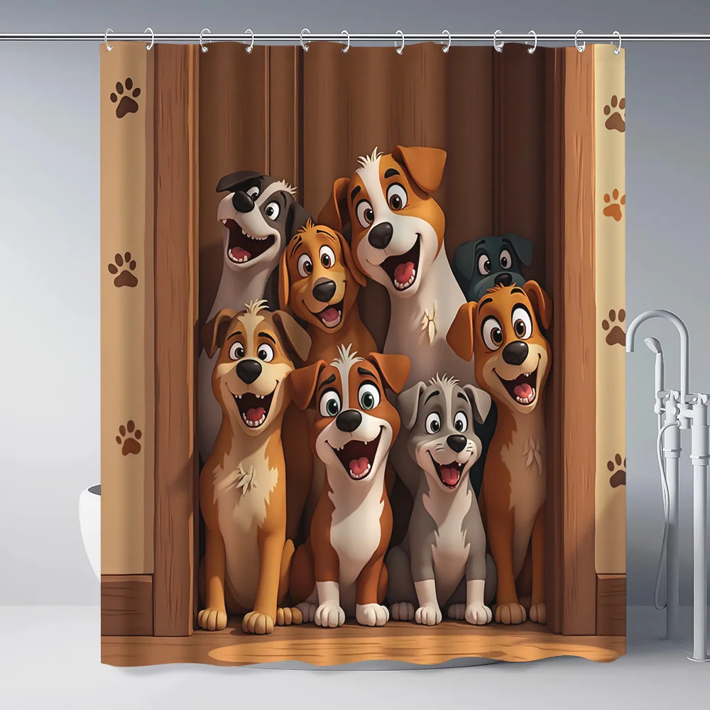 Cute Dog Pack Shower Curtain, Funny Cartoon Puppy Waterproof Bath Curtain, Pet Lover Animal Bathroom Decor for Kids & Teens