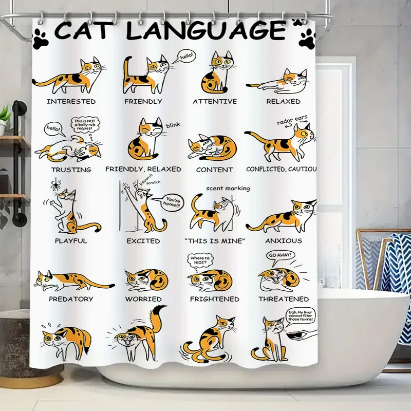 

Unleash Your Feline Inner Self with These Adorable Cat Language Shower Curtains A unique home decor item featuring funny illustr
