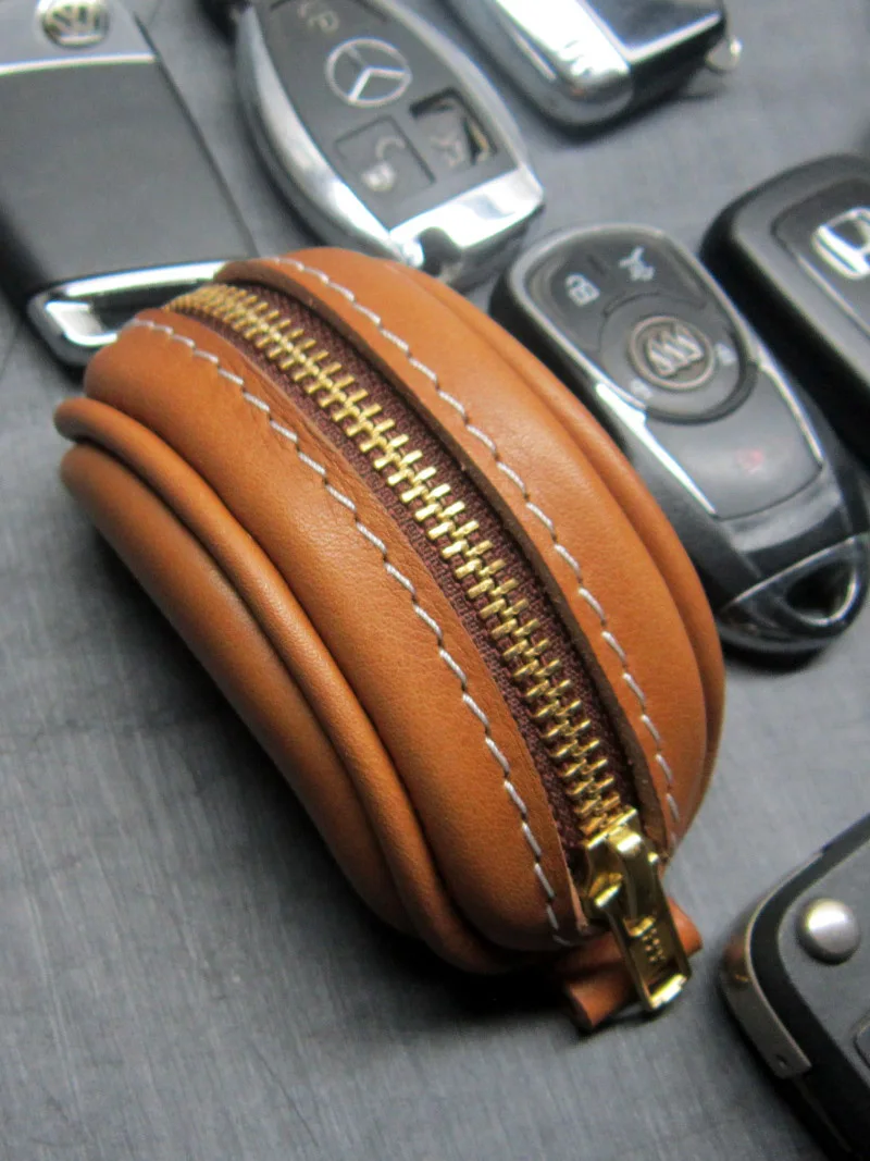 Creative Handmade Tanned Leather Key Holder Zipper Pocket Versatile Unisex Daily Use Vintage Style No Brand Registered