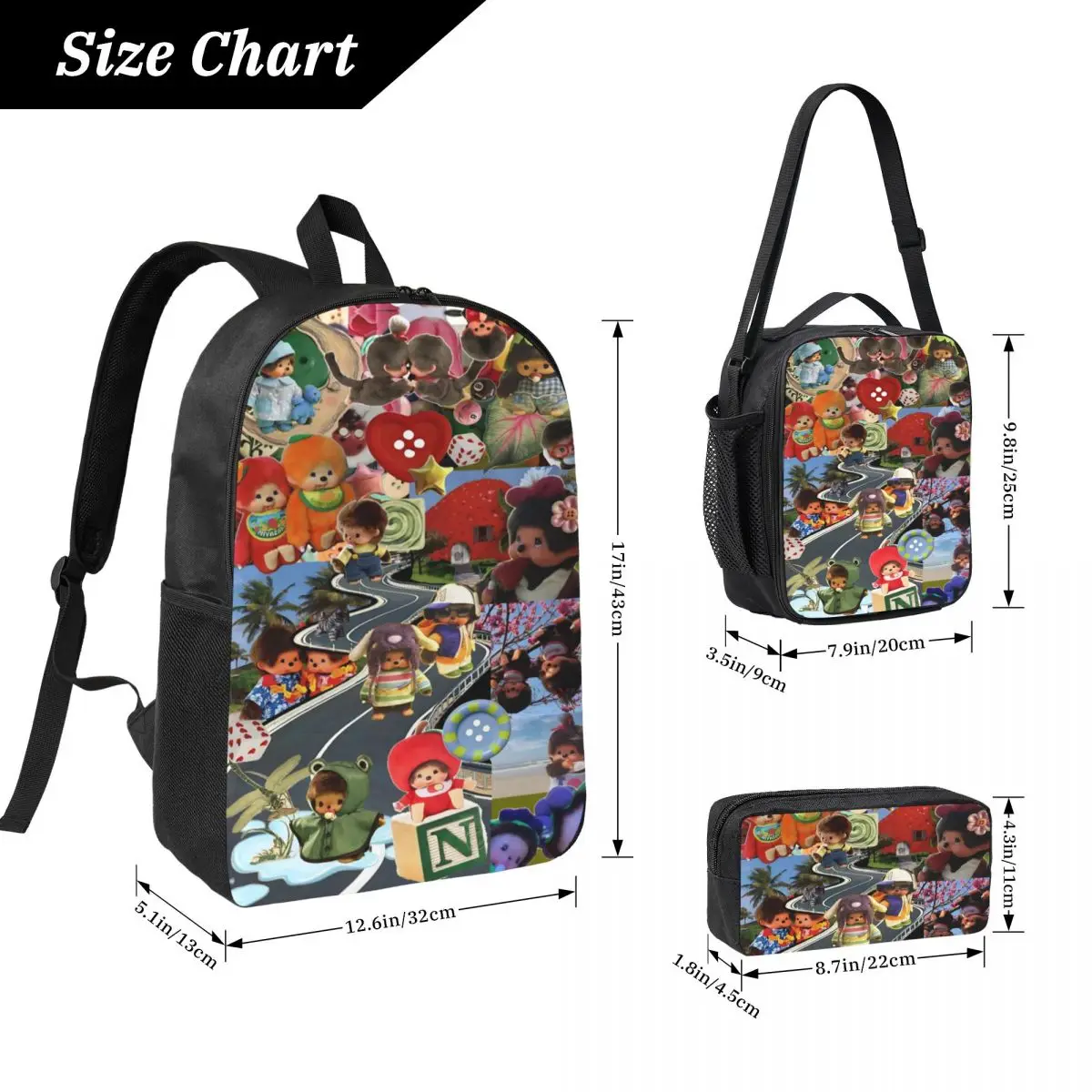 3Pcs Kawaii Monchhichis Backpack Set for Children Pen Bags Bookbag Sets with Lunch Box For Primary School Students Daypack