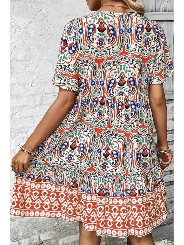 Abito da festa elegante alla moda da donna Boho stampa scollo a V manica corta abiti floreali retrò per donna abito da spiaggia allentato casual estivo