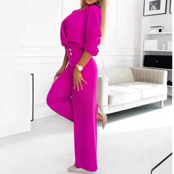 ملابس نسائية أوروبية وأمريكية جديدة بلون سادة ورقبة على شكل حرف V مكونة من قطعتين