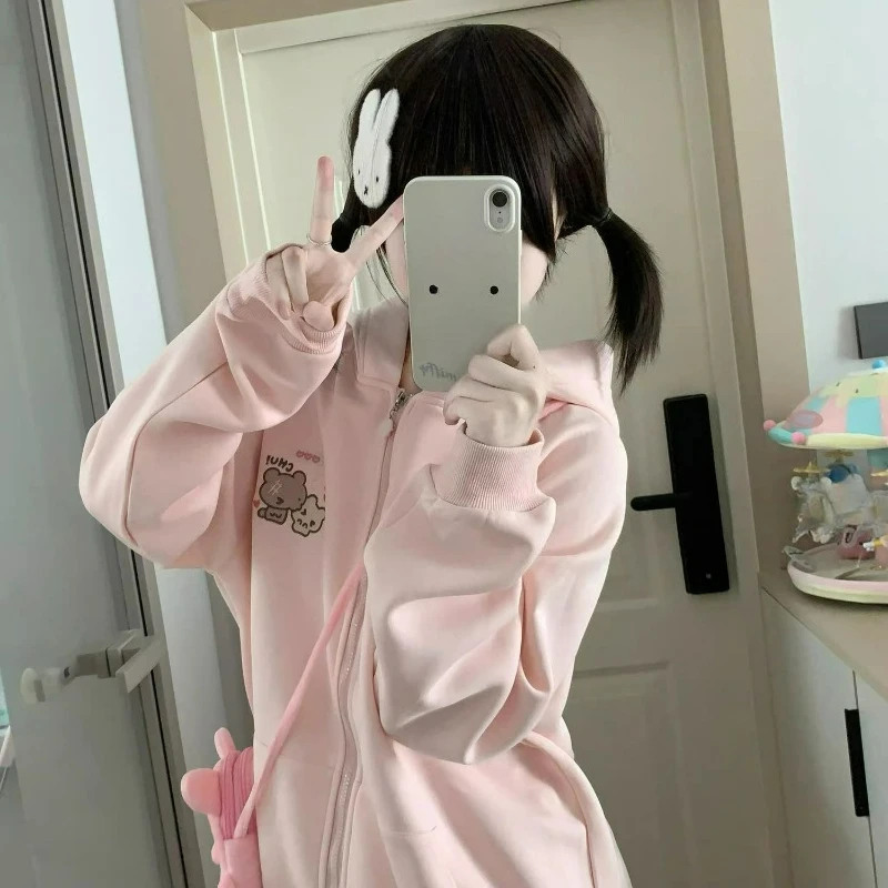 Pink Kawaii Bear Ear Hooded Jacket Coat Women Harajuku Sweet Cartoon Print  Hoody Japanese Y2k Aesthetic Zip Pocket Sweatshirts - view 2