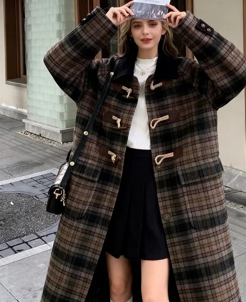 

Шерстяные пальто, женское шерстяное пальто, натуральное длинное зимнее вельветовое двубортное пальто с узором «елочка», городский корейский стиль