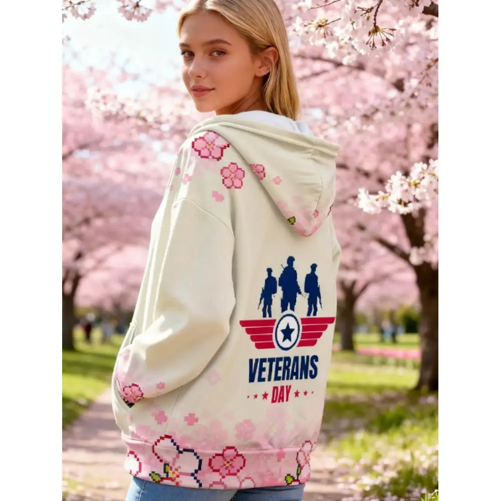 طباعة ثلاثية الأبعاد كاملة الطباعة بكسل الفن أزهار الكرز وجنود يوم المحاربين القدامى صورة ظلية شعار هوديي نمط: دمج إبداعي من Ame #1