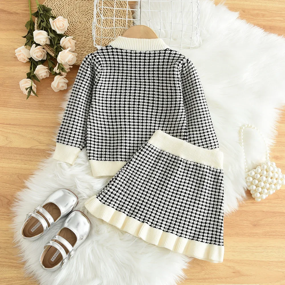 Checkered Printed Girls' Sweater Suit Long Beard and Bow Cardigan+Skirt Cute Children's Clothing Autumn Winter New Kids Outfits