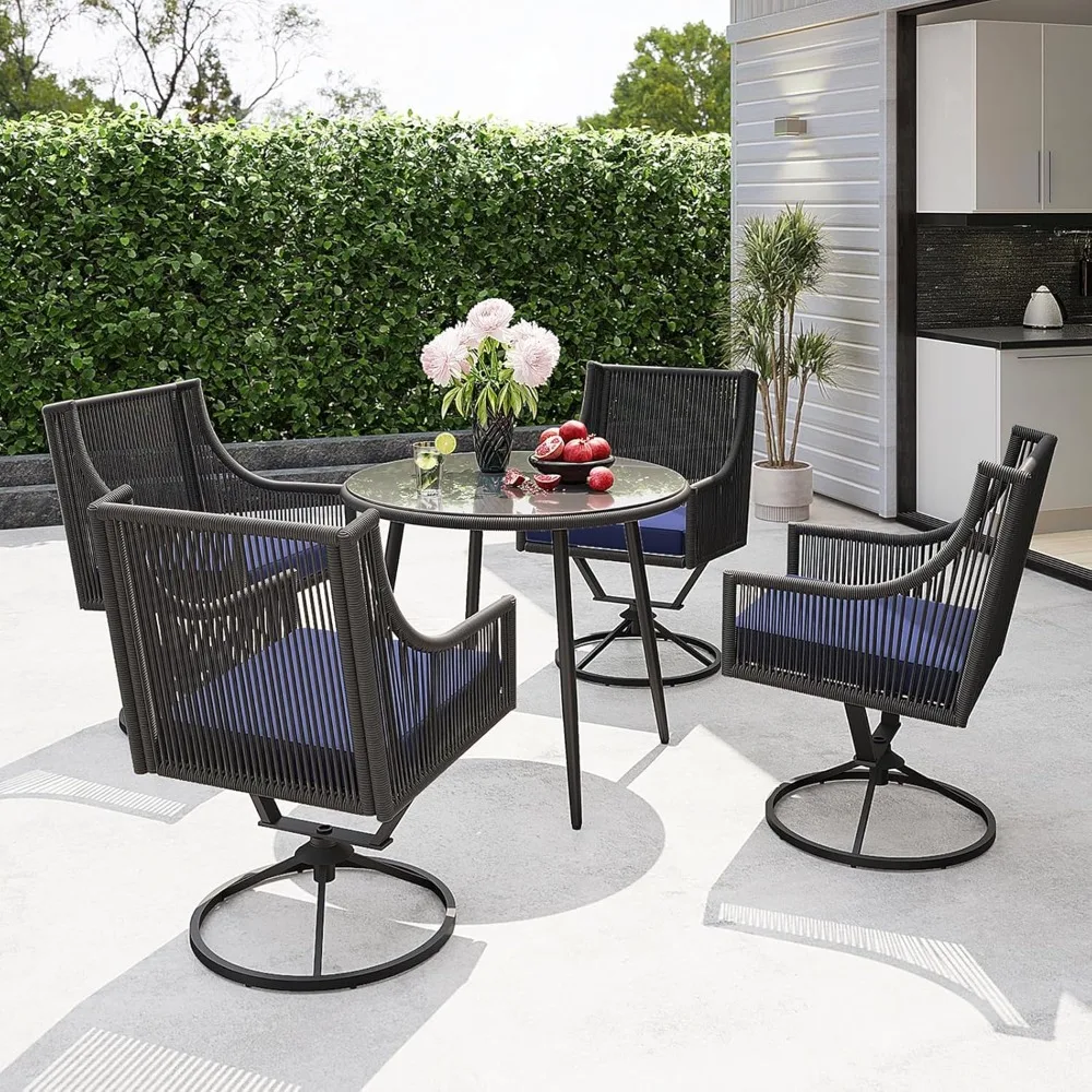 Dining Table and Chairs, Set of 5, 4 Upholstered Swivel Chairs and 1 Round Dining Table with Umbrella Hole, Garden Table Set