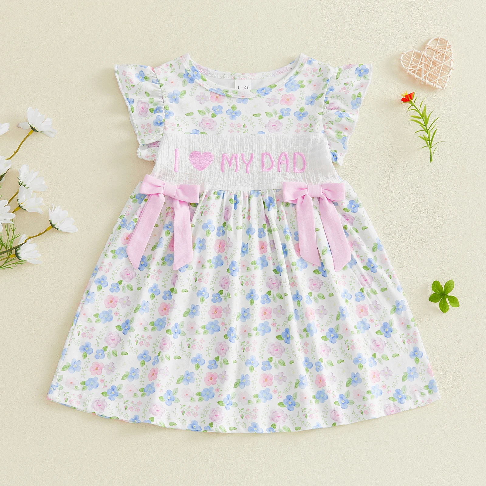 1-6Y Baby Girl Summer Sweet Dress Fly Sleeve Round Neck Floral Print A-Line Dress Bow Dress Father's Day Costume