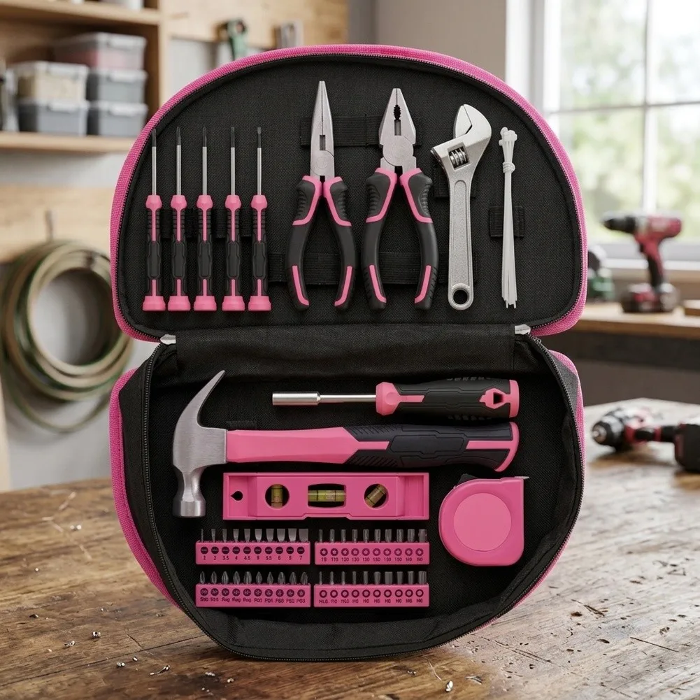 63pc Pink Tool for kit Designed for Women - Compact Round Bag Storage Includes Hammer Level Measuring Tape Pliers Screwdrivers