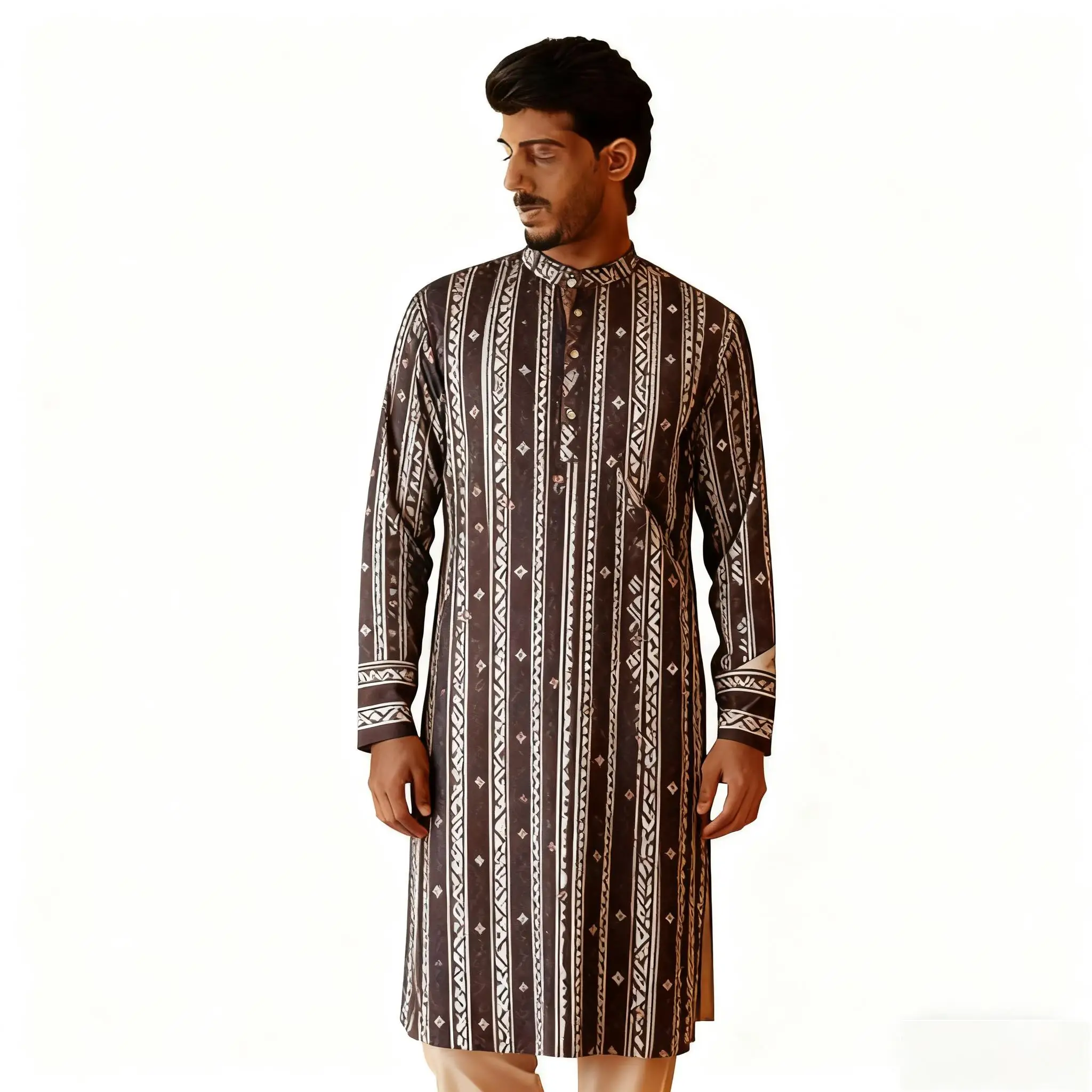 新メンズデジタルプリントクルタヴァルダレギュラーフィットマンダリンカラーロング丈あらゆる場面に適したジャバドールモロッコ男性ムスリム男性