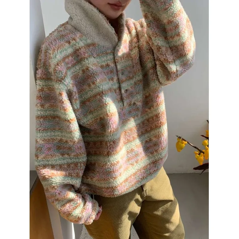 Chic inverno vintage bavero pelliccia di agnello calda felpa Jaet donna allentata pigra eleganza tuta sportiva top fibra di poliestere 00%