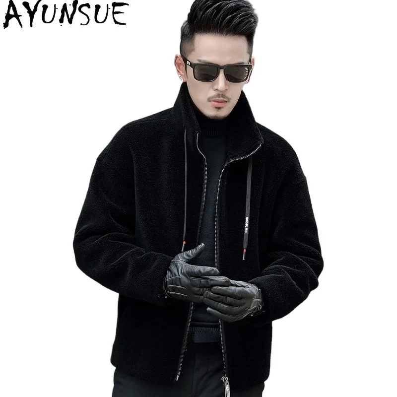 

AYUNSUE 2025 Winter Real Sheep Shearing Jackets Male Black Stand-up Collar Woolen Coats Men's Clothing Jaqueta Masculina Gmm386
