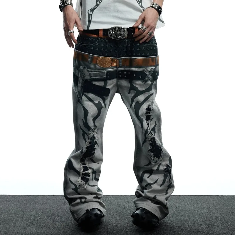 Calças Jeans de Corte Solto com Pernas Largas e Estampa de Graffiti 3D Desgastada Vintage para Homens e Mulheres, Estilo Retro Americana Pós-Apocalípt