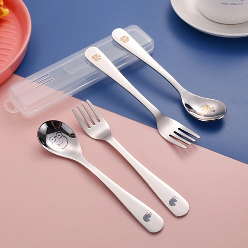 Children Self-Feeding Kitchen Utensil Toddler Cutlery Solid Spoon Fork Cartoon Print Kids Eating Feeding Supplies Dropship