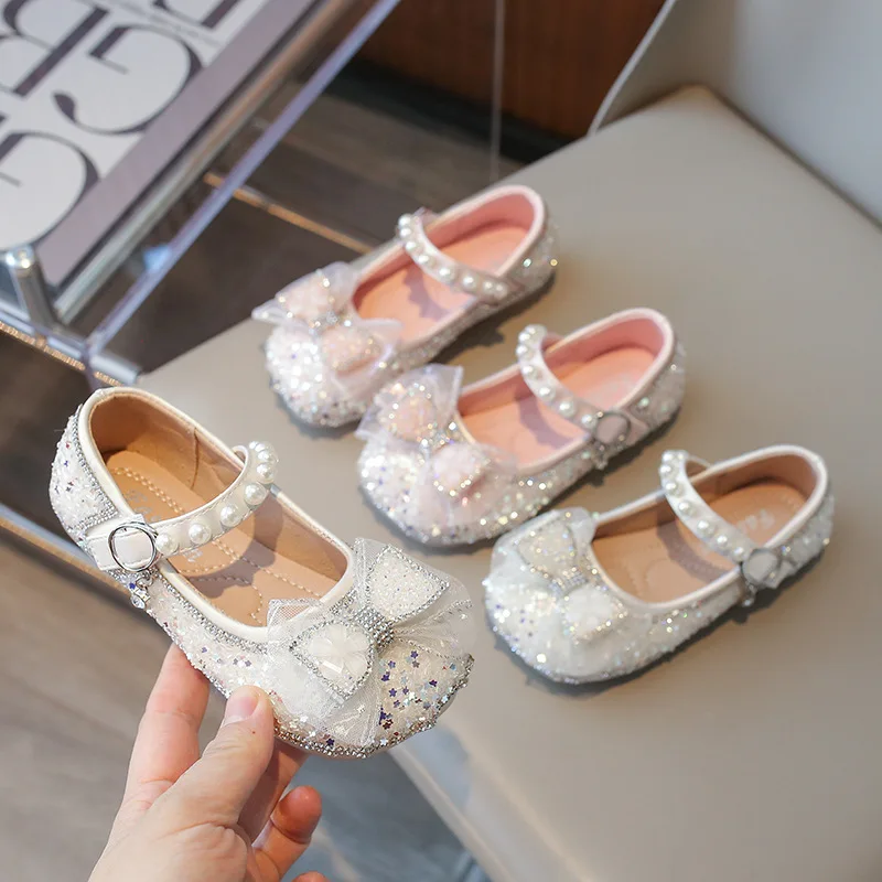 

2024 New Girls Party Shoes Sweet Children Princess Wedding Dress Single Shoes Spring Fashion Sequins Bowknot Kids Leather Shoe