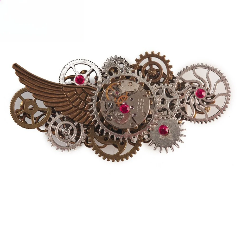 Steam Punk Mechanical Watch Movement Brooch Lolita Vintage Gear Wings Pin Hairpin Dual-purpose for Dress Suit