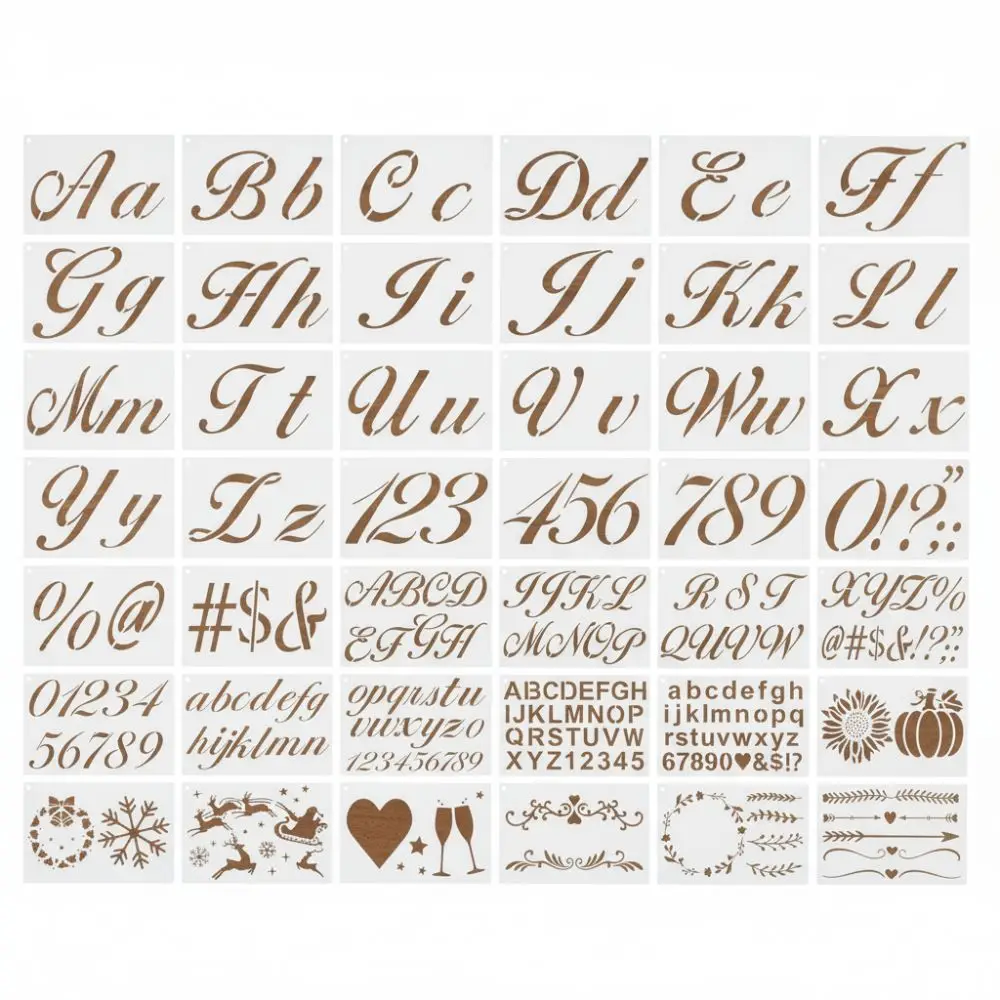 

50pcs/set New Letter DIY Painting Stencil Set Hollow Reusable Spray Painting Stencils Washable PET Wall Art Stencils Card Making