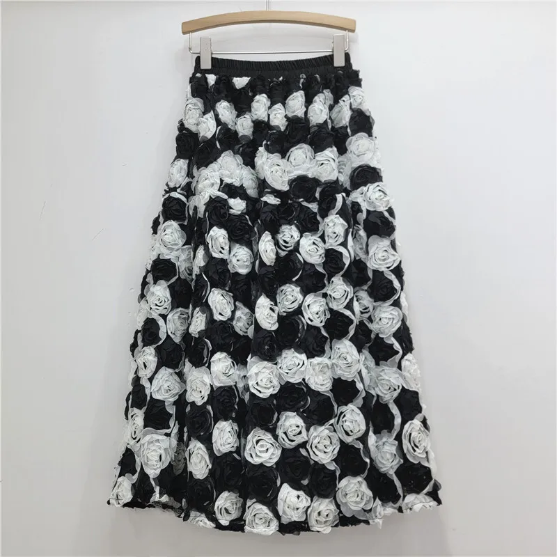 WTHT Trendy Fashion Women's Spliced Contrast Color 3D Flower A-line Long Skirts 2025 Autumn New High Waist Skirt Female 1LS2691