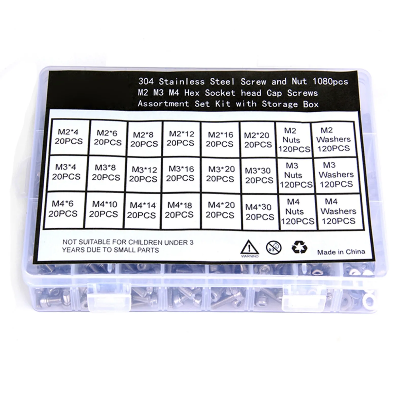 1080Pcs 304 Stainless Steel Socket Screw Nut Washer Kit Storage Box Precision Electronic Household Appliance Tool Repair Kit