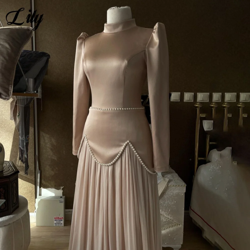 Sukienki wieczorowe Lily Champagne w kształcie litery A, z długim rękawem, plisowane, z perłami،فساتين السهرة C