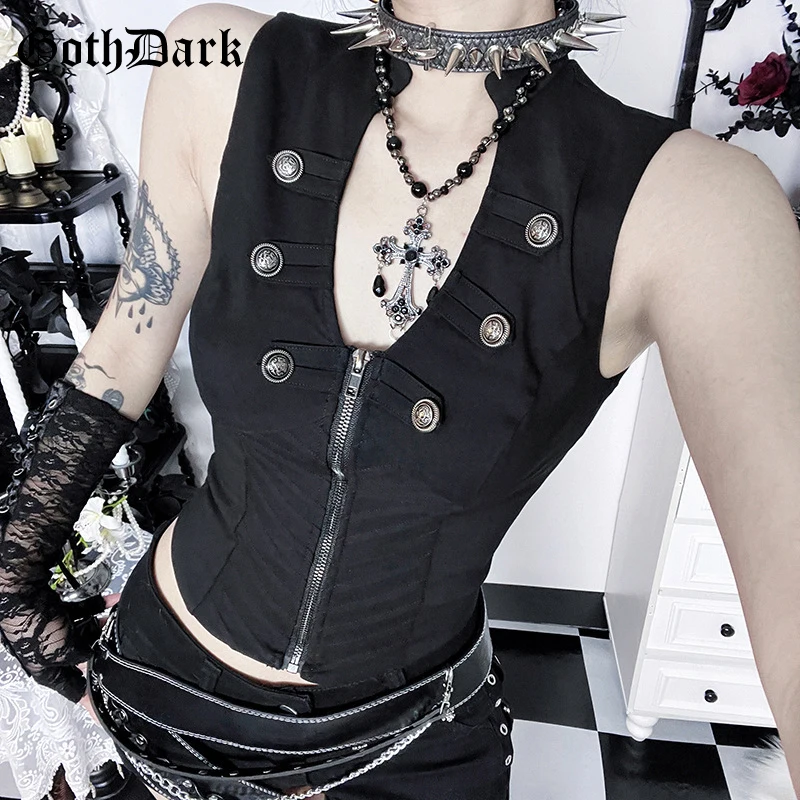 

Goth Dark Harajuku Fashion Button Sleeveless Crop Tops Mall Gothic Zipper Skinny Tank Top for Women Techwear Punk Bottoming Vest