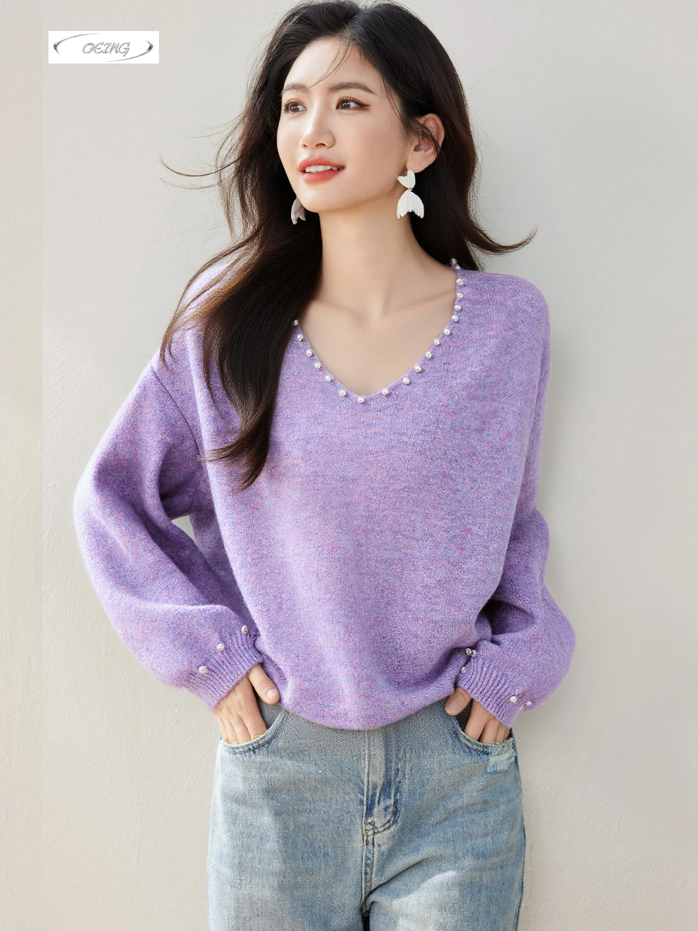 

Autumn Winter Purple Knit Pullover Sweater for Women V-neck Long Sleeve Beading Loose Bottoming Shirt Tops Elegant Jumper 9723