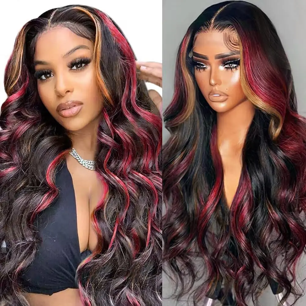 Black Red Blonde Highlight Wig Human Hair 30 Inch 5X5 Glueless Human Hair Wigs 180% Density Blonde Red Highlights Body Wave Wigs