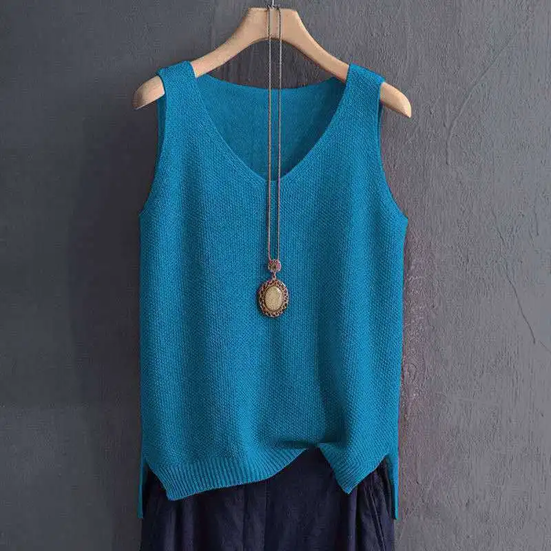 Suéteres finos sin mangas de talla grande para mujer, Chaleco de punto informal de gran tamaño, Top femenino, jerséis sólidos que combinan con todo