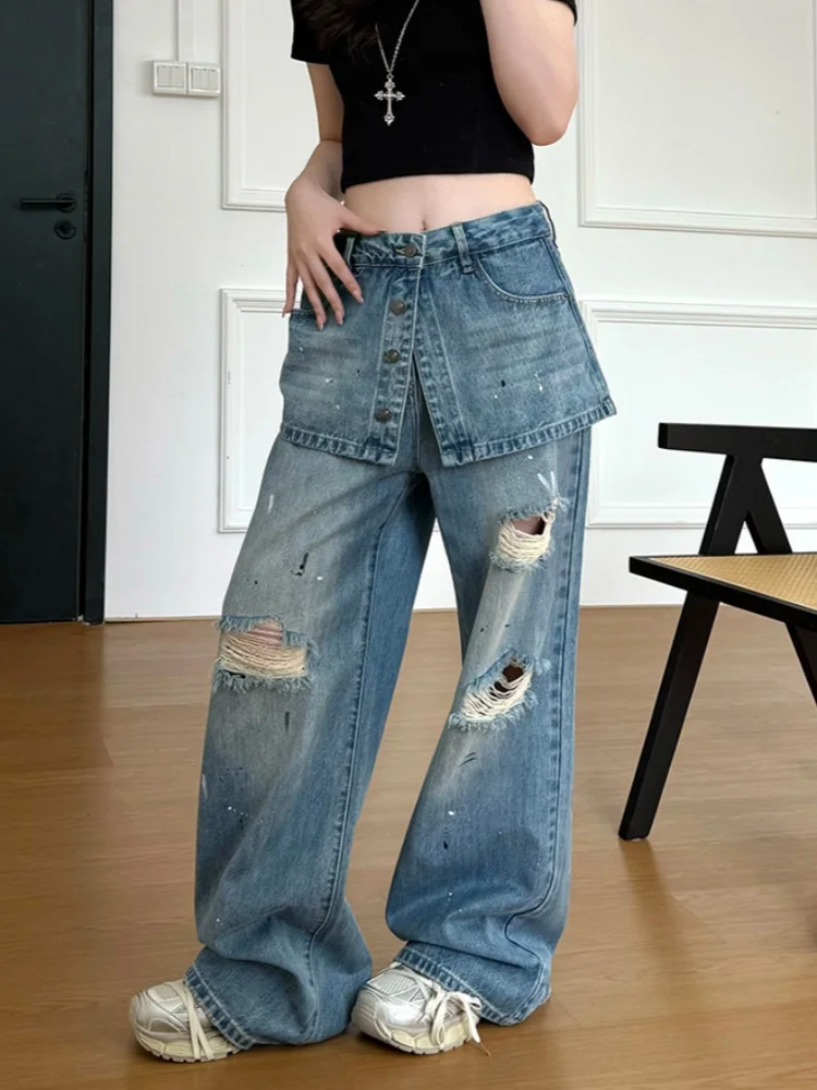 

2026 Spring/Summer New Style Personalized Street Hole Jeans Splashing Ink Wash Hole Butt Curtain Straight Tube Jeans for Women