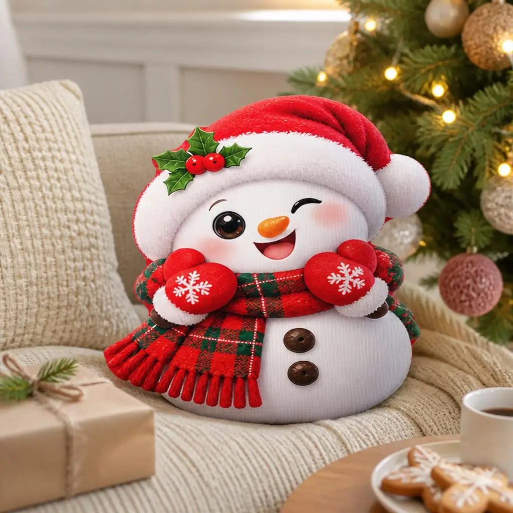 Winking Snowman in Santa Hat and Plaid Scarf Shaped Pillow Cushion Irregular Stuffed Throw Pillows for Sofa Home Decoration Gift