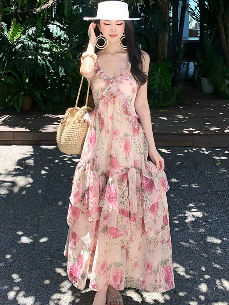 Summer Pink Floral Chic Ruffled Causal Beach Dress Women Elegant V-Neck Sling Dress 2026 Korean Fashion Bodycon Festival Dresses